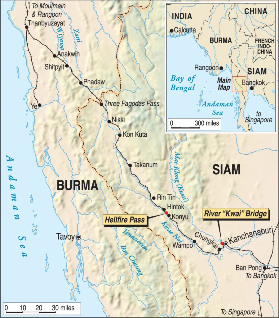 Laluan landasan kereta api Burma-Siam dan lokasi jambatan Sungai Kwai serta "Hell Firepass" yang terkenal itu. Panjang keseluruhan landasan ini ialah 258 batu, merentasi kawasan yang sukar dilalui dan beriklim ganas, dan mengambil masa lapan bulan untuk disiapkan oleh tawanan perang.