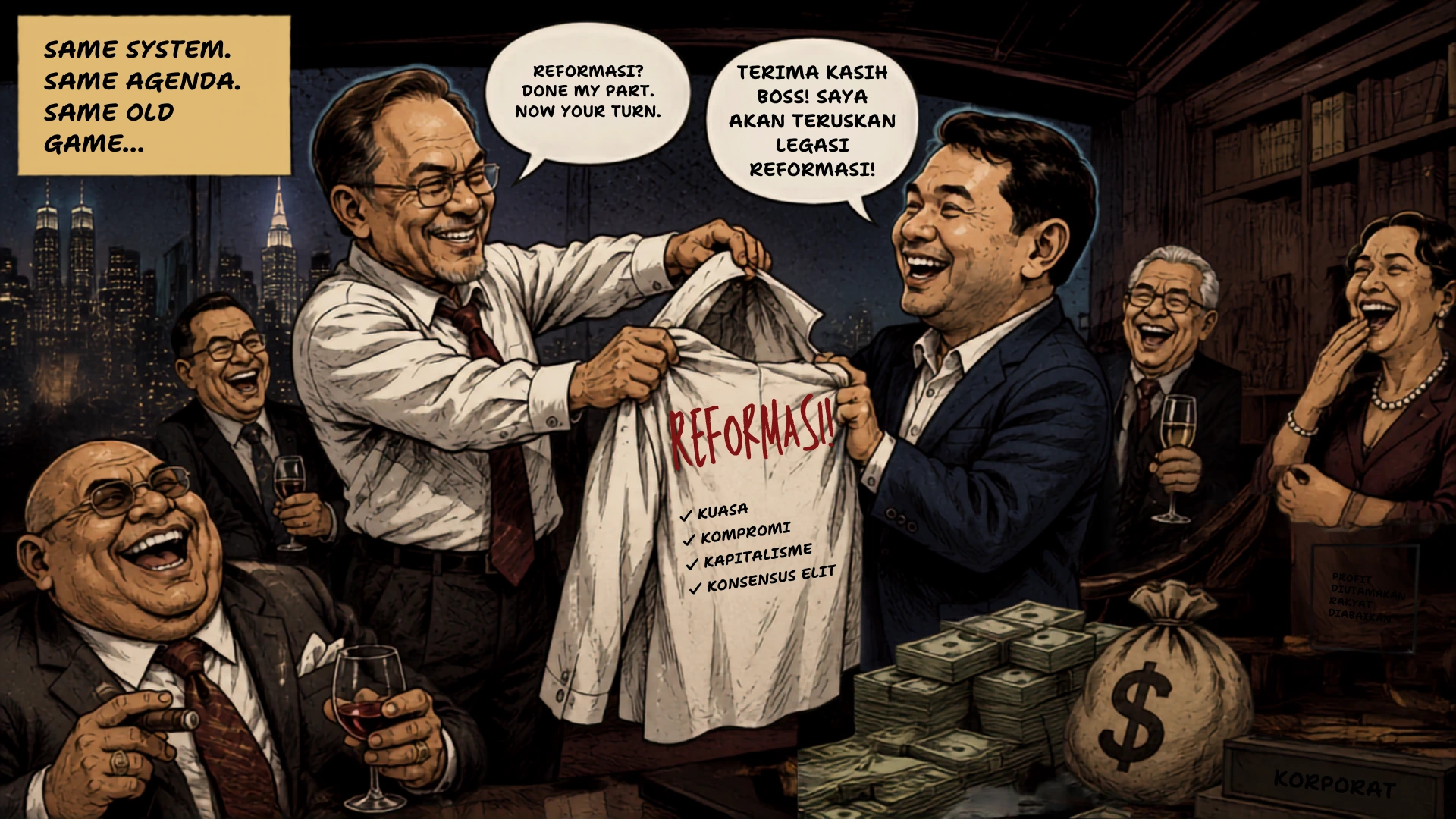 Anwar passes the old “Reformasi” coat to Rafizi, while the capitalist elites laugh along — same system, same agenda, same old game under a new face.