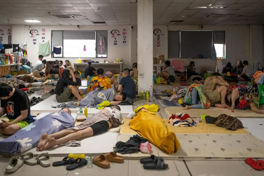 Scam Slavery in the Death Agony of Capitalism 19 From late 2024 to early 2025, Philippine authorities raided several large-scale scam compounds such as this one in Pasay City, now converted by the state into a detention center housing hundreds of forced laborers arrested over the year. Across the wall at the back (left of the pillar), two among other Chinese bourgeois aphorisms loomed over the idling “scammers” — from left to right: “work seriously, live simply”; “on duty for 1 minute, conscientious for sixty seconds”. (Source: Global Press Journal)