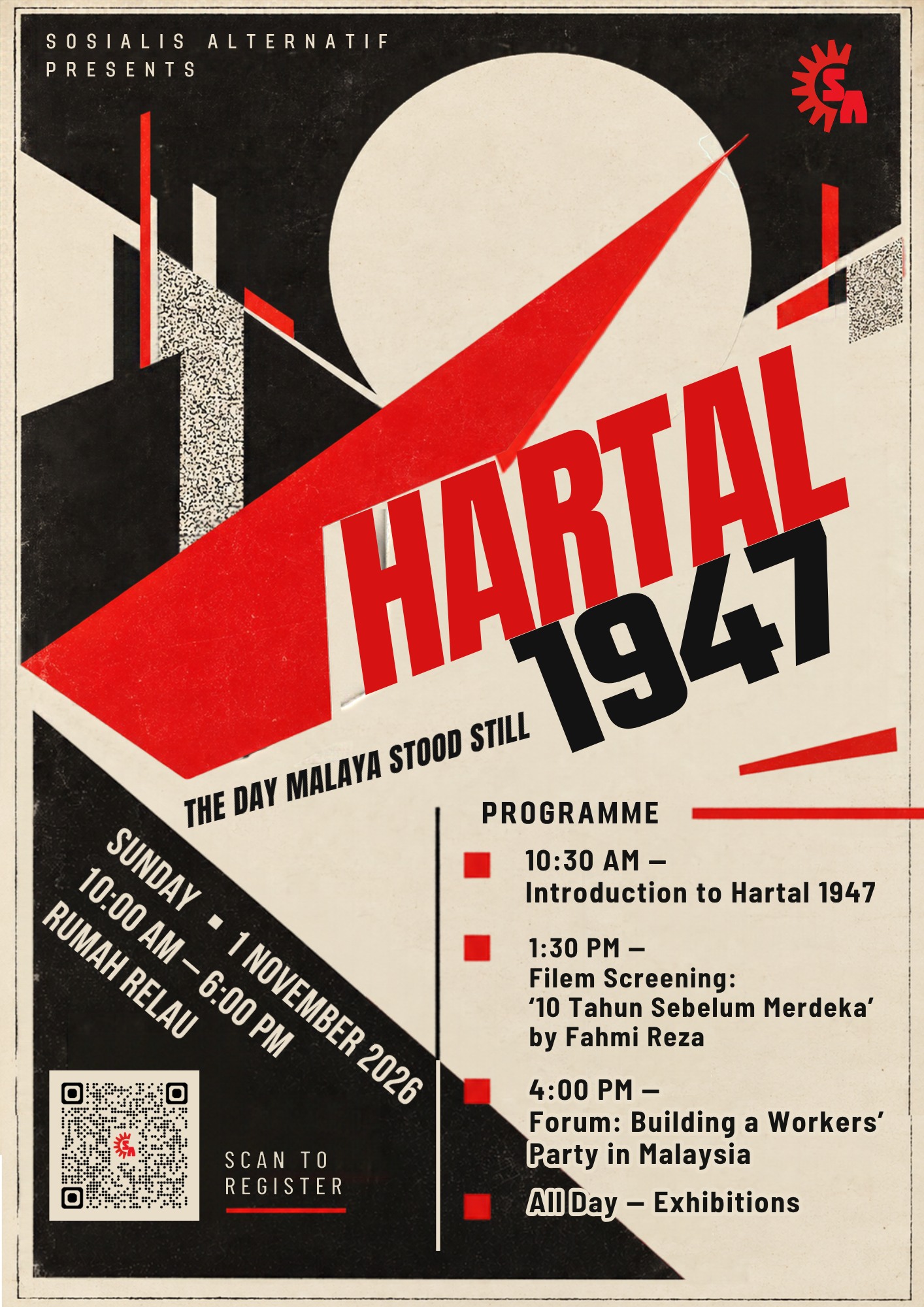HARTAL 1947: Hari Rakyat Menghentikan Malaya / The Day Malaya Stood Still 2 HARTAL 1947 English event poster — 1 November 2026, 10 AM–6 PM, Rumah Relau