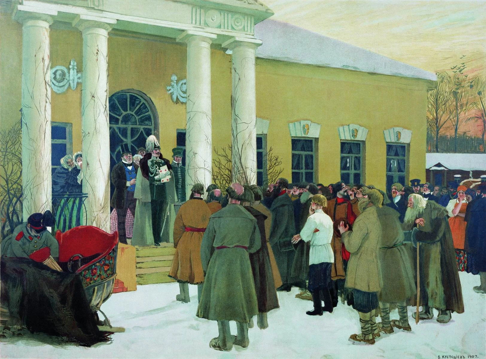 Revolusi Rusia 3 Pembacaan Manifesto Pembebasan. Ilustrasi sejarah oleh Boris Kustodiev, 1907, yang menggambarkan peristiwa 1861.